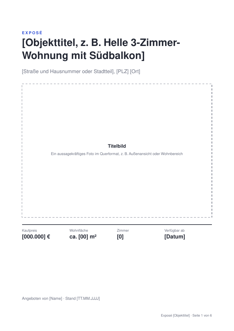 Titelseite der Exposé-Vorlage mit Platzhaltern für Objekttitel, Adresse, Titelbild und Eckdaten